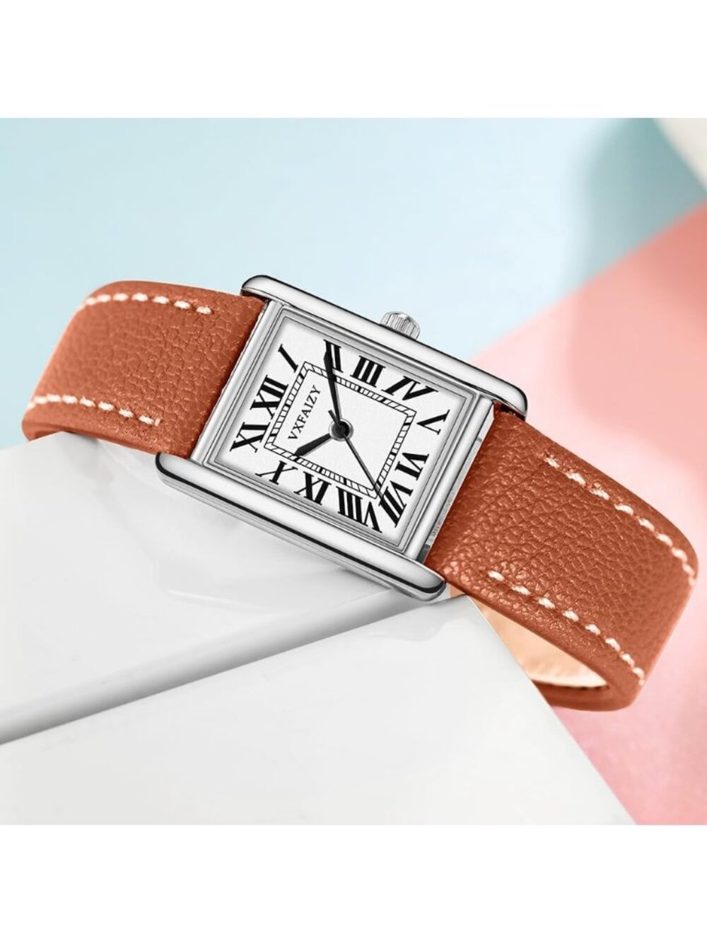 Women's Khaki Silver Vintage Roman Number Genuine Leather Strap Wrist Watches - Picture 5 of 6